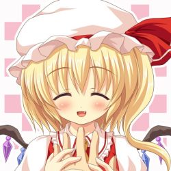 Rule 34 | 1girl, blonde hair, blush, closed eyes, fang, female focus, flandre scarlet, hat, one side up, open mouth, short hair, side ponytail, smile, solo, touhou, wings, yamasan