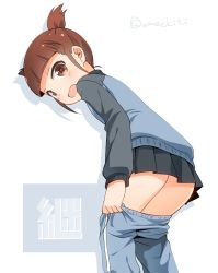 Rule 34 | 10s, 1girl, ass, brown eyes, brown hair, clothes pull, emblem, girls und panzer, jacket, keizoku (emblem), keizoku military uniform, mikko (girls und panzer), open mouth, pants, pants pull, pleated skirt, short hair, short twintails, skirt, solo, surprised, track jacket, track pants, twintails, twitter username, umekichi, white background