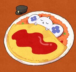 Rule 34 | ace attorney, animal focus, chuunosuke (ace attorney), closed eyes, closed mouth, commentary request, food, food focus, hat, unworn hat, unworn headwear, ketchup, lying, no humans, omelet, omurice, on back, orange background, peaked cap, plate, rice, shino (shino dgs), simple background, sleeping, solo, stuffed animal, stuffed mouse, stuffed toy, the great ace attorney, the great ace attorney 2: resolve, under covers