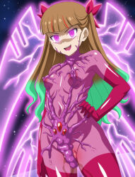 Rule 34 | 1girl, ass, biosuit, breasts, brown hair, censored, covered erect nipples, green hair, highres, living clothes, makino tomoyasu, multicolored hair, nipples, ohdo yuamu, open mouth, purple eyes, pussy, small breasts, smile, tentacles, yu-gi-oh!, yu-gi-oh! go rush!!