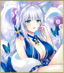 Rule 34 | 1girl, animal ear fluff, animal ears, azur lane, bare shoulders, blue butterfly, blue collar, blue dress, breasts, bug, butterfly, center opening, collar, dress, evening gown, feather boa, fox ears, fox girl, halter dress, halterneck, highres, insect, kitsune, kyuubi, large breasts, large tail, marker (medium), mature female, mole, mole under eye, multiple tails, official alternate costume, shinano (azur lane), shinano (dreams of the hazy moon) (azur lane), sitting, sleeveless, sleeveless dress, solo, tail, thighs, traditional media, whipberry, white hair, white tail
