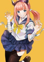Rule 34 | 1girl, bandaged arm, bandages, blue eyes, blunt bangs, bow, bowtie, brown footwear, brown thighhighs, claw pose, doushimasho, fang, fingernails, grin, hairband, hands up, highres, horns, long hair, looking at viewer, nail polish, orange hair, original, purple sailor collar, sailor collar, school uniform, serafuku, shirt, shoes, sidelocks, simple background, smile, solo, thighhighs, twintails, white shirt, yellow background, yellow bow, yellow bowtie, yellow nails