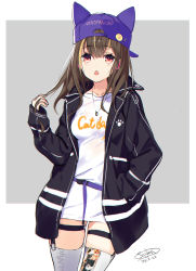 Rule 34 | 1girl, :o, animal ears, animal hat, backwards hat, baseball cap, black jacket, blue hat, blush, breasts, brown eyes, brown hair, cat hat, clothes writing, commentary request, dated, fake animal ears, fang, grey background, hair between eyes, hand in pocket, hand up, hat, highres, jacket, long hair, long sleeves, open clothes, open jacket, open mouth, original, sanbasou, shirt, skindentation, sleeves past wrists, small breasts, solo, thigh strap, thighhighs, twitter username, two-tone background, white background, white shirt, white thighhighs