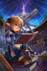 Rule 34 | 1girl, :/, armored boots, balance scale, blonde hair, blue gloves, book, boots, closed mouth, crystal, final fantasy, final fantasy xi, glasses, gloves, long sleeves, night, night sky, open book, pince-nez, pink eyes, pointy ears, sasanomesi, scroll, semi-rimless eyewear, shantotto, short hair, sitting, skeleton, sky, solo, star (sky), starry sky, tarutaru, telescope, weighing scale