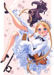 Rule 34 | 1girl, abigail williams (fate), abigail williams (festival outfit) (fate), akirannu, alternate costume, black footwear, black skirt, blonde hair, bloomers, blue eyes, blush, braid, breasts, dress, enmaided, fate/grand order, fate (series), forehead, french braid, highres, keyhole, layered skirt, legs, long hair, looking at viewer, maid, maid headdress, mop, open mouth, parted bangs, sash, sidelocks, skirt, sleeves past fingers, sleeves past wrists, small breasts, smile, solo, stuffed animal, stuffed toy, teddy bear, tentacles, underwear, very long hair, white bloomers, white dress
