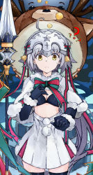 Rule 34 | 1girl, ?, absurdres, bell, bikini, bikini top only, black bikini, black gloves, black thighhighs, bow, breasts, brown eyes, capelet, cleavage, closed mouth, commentary request, dress, elbow gloves, fate/grand order, fate (series), fur-trimmed capelet, fur trim, gloves, green bow, grey hair, hair bow, headpiece, highres, jeanne d&#039;arc (fate), jeanne d&#039;arc alter santa lily (fate), long hair, pleated dress, polearm, q-pra, red ribbon, reindeer, ribbon, signature, small breasts, solo, spear, star (symbol), striped bow, striped ribbon, swimsuit, thighhighs, very long hair, weapon, white capelet, white dress