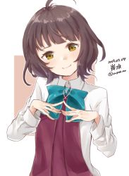 Rule 34 | 1girl, ahoge, blunt bangs, brown eyes, brown hair, character name, dated, dress, fingers together, halterneck, head tilt, kantai collection, kishinami (kancolle), long sleeves, looking at viewer, pleated dress, school uniform, shirt, short hair, smile, solo, twitter username, two-tone background, u yuz xx, upper body, wavy hair, white background, white shirt