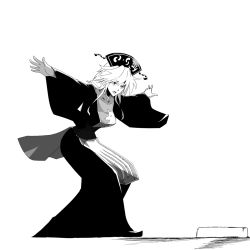 Rule 34 | 1girl, baseball, baseball base, black dress, black headwear, breasts, commentary, dress, full body, greyscale, highres, junko (touhou), kikoka (mizuumi), long hair, long sleeves, medium breasts, monochrome, open mouth, outstretched arms, simple background, solo, spread arms, tabard, tassel, touhou, white background, wide sleeves
