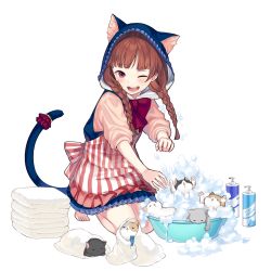 Rule 34 | 1girl, animal ears, barefoot, bath, blush, braid, brown hair, bubble bath, cat, cat ears, cat tail, container, hood, long hair, official art, open mouth, red eyes, skirt, sleeves past elbows, solo, splashing, squatting, tail, tail ornament, tail ring, towel, transparent background, twin braids, uchi no hime-sama ga ichiban kawaii, wednesday (uchi no hime-sama), wince