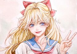 Rule 34 | 1girl, aino minako, artist name, bishoujo senshi sailor moon, blonde hair, blue sailor collar, bow, close-up, commentary request, eyelashes, hair bow, half updo, karin park, korean commentary, long hair, looking at viewer, painting (medium), red bow, red lips, sailor collar, sailor senshi uniform, sailor venus, simple background, solo, traditional media, upper body, v, watercolor (medium)