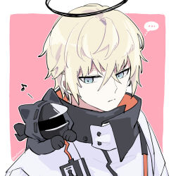 Rule 34 | ..., 1boy, 1other, animal ears, animalization, arknights, black gloves, black jacket, blonde hair, blue eyes, border, cat ears, commentary request, crossed bangs, doctor (arknights), executor (arknights), frown, gloves, halo, high collar, hood, hooded jacket, jacket, mask, musical note, pink background, soppos, spoken musical note, thought bubble, twitter username, upper body, white background, white jacket