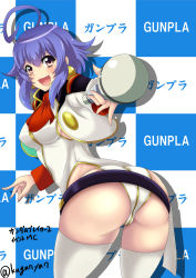 Rule 34 | 1girl, ahoge, artist request, ass, belt, blue hair, blush, breasts, brown eyes, cropped jacket, earrings, event mc (gundam breaker 2), fang, from behind, gundam, gundam breaker, gundam breaker 2, highleg, highleg leotard, highres, huge ahoge, huge ass, jacket, jewelry, leaning, leaning forward, leotard, long sleeves, microphone, nail polish, open mouth, short hair, smile, solo, thighhighs, twitter username, white thighhighs