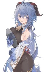 Rule 34 | 1girl, ahoge, bare shoulders, bell, black gloves, black legwear, blue eyes, blue hair, bodystocking, bodysuit, breasts, cameltoe, chinese knot, curled horns, detached sleeves, flower knot, ganyu (genshin impact), genshin impact, gloves, highres, holding, horns, large breasts, leotard, leotard under clothes, long hair, looking at viewer, low ponytail, mikozin, neck bell, sideboob, sidelocks, simple background, solo, standing