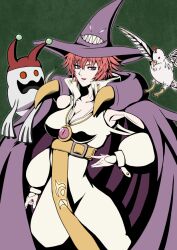 1girl 2others belt bird bodysuit breasts capcom cape cleavage clothing_cutout detached_sleeves fingernails ghost green_background hair_between_eyes hat jewelry large_breasts long_sleeves mister-c-b multiple_others pendant purple_cape purple_eyes red_eyes red_hair short_hair tabasa upper_body white_bodysuit witch witch_hat yellow_belt