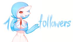 Rule 34 | 1girl, alternate color, blue hair, blue skin, blush, bob cut, body writing, bodypaint, breasts, cleavage, closed mouth, collarbone, colored skin, creatures (company), english text, female focus, galutine, game freak, gardevoir, gen 3 pokemon, hair over one eye, hands up, happy, jpeg artifacts, large breasts, looking at viewer, milestone celebration, multicolored skin, nintendo, pokemon, pokemon (creature), red eyes, shiny pokemon, shiny skin, short hair, simple background, smile, solo, standing, text focus, two-tone skin, upper body, waving, white background, white skin