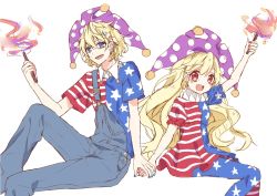 Rule 34 | 1boy, 1girl, american flag dress, american flag legwear, arm up, bad id, bad tumblr id, blonde hair, blush, clownpiece, dress, dual persona, earrings, fire, genderswap, genderswap (ftm), hat, hetero, holding hands, jester cap, jewelry, kyouda suzuka, long hair, looking at viewer, nail polish, neck ruff, outstretched arm, overalls, pantyhose, polka dot, red eyes, selfcest, short dress, short hair, simple background, sitting, sketch, smile, star (symbol), star earrings, star print, striped, suspenders, torch, touhou, very long hair, white background
