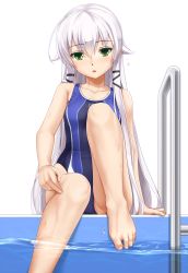 Rule 34 | 1girl, altina orion, arm at side, bare arms, bare legs, bare shoulders, barefoot, black ribbon, blush, chestnut mouth, competition swimsuit, eiyuu densetsu, eto, falcom, feet, flat chest, green eyes, hair flaps, hair ribbon, highres, knee up, long hair, looking at viewer, one-piece swimsuit, open mouth, partially underwater shot, pool ladder, poolside, revision, ribbon, sen no kiseki, sen no kiseki ii, silver hair, simple background, soaking feet, solo, swimsuit, toenails, toes, underwater, very long hair, water, white background