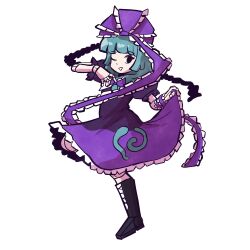 Rule 34 | 1girl, absurdres, alternate color, black footwear, boots, bow, doll joints, dress, frilled bow, frilled dress, frilled ribbon, frills, front ponytail, full body, green hair, hair ribbon, highres, joints, kagiyama hina, lifted by self, looking at viewer, one eye closed, oysterfried, purple bow, purple dress, purple ribbon, ribbon, simple background, smile, solo, touhou, white background