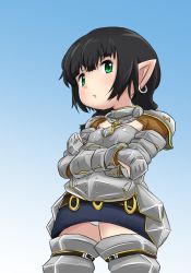 Rule 34 | 10s, 1girl, armor, black hair, boots, crossed arms, earrings, final fantasy, final fantasy xiv, foo snow, green eyes, jewelry, lalafell, panties, pantyshot, pointy ears, skirt, square enix, thigh boots, thighhighs, underwear, upskirt, warrior of light (ff14)