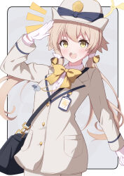 Rule 34 | 1girl, bag, blue archive, blush, bow, bowtie, buttons, coat, collared shirt, cowboy shot, gloves, hair between eyes, halo, hat, hifumi (blue archive), highres, light brown hair, long sleeves, open mouth, shirt, shoulder bag, solo, teeth, upper teeth only, white coat, white gloves, white hat, white shirt, yellow bow, yellow bowtie, yellow eyes, yellow halo, zundamochi (sera)