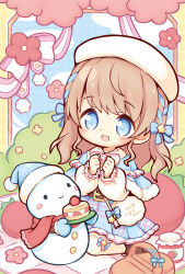 1girl :d aikei_ake bag beret blue_bow blue_capelet blue_eyes blue_hat blue_mittens blue_ribbon blue_skirt blush bow brown_footwear brown_hair cake capelet chibi commentary_request english_text food full_body fur-trimmed_capelet fur_trim hair_bow hair_ribbon hands_up hat holding jar long_hair long_sleeves mittens open_mouth original own_hands_together picnic picnic_basket picnic_blanket puffy_long_sleeves puffy_sleeves ribbon ribbon_braid shirt shoes shoulder_bag sitting skirt smile snowman solo strawberry_shortcake striped_bow thighhighs wariza white_hat white_shirt white_thighhighs