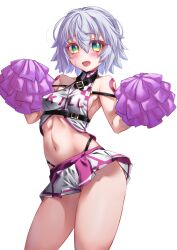 Rule 34 | 1girl, bare shoulders, blush, breasts, cheerleader, covered erect nipples, crop top, facial scar, fate/apocrypha, fate/grand order, fate (series), green eyes, hair between eyes, highres, holding, holding pom poms, jack the ripper (fate/apocrypha), looking at viewer, midriff, miniskirt, miyabi urumi, navel, open mouth, pom pom (cheerleading), pom poms, scar, scar across eye, scar on cheek, scar on face, short hair, shoulder tattoo, skirt, small breasts, smile, solo, tattoo, tongue, white hair