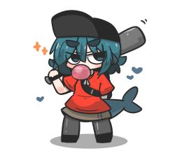 Rule 34 | baseball bat, baseball cap, black footwear, black hat, blowing bubbles, blue eyes, blue hair, blush, brown skirt, chewing gum, closed mouth, commentary, cosplay, english commentary, fins, fish tail, fuka-chan, grey pantyhose, hair between eyes, hat, heart, highres, holding, holding baseball bat, metal baseball bat, original, pantyhose, red shirt, scout (tf2), scout (tf2) (cosplay), shadow, shark tail, shirt, shoes, short eyebrows, short sleeves, simple background, skirt, sparkle, tail, team fortress 2, thick eyebrows, uni souchou, white background
