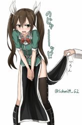 Rule 34 | 10s, 1girl, black footwear, black skirt, blush, boots, bow, bowtie, brown eyes, brown hair, clothes lift, covering privates, covering crotch, embarrassed, hair ribbon, highres, kantai collection, knee boots, military, military uniform, pelvic curtain, puffy short sleeves, puffy sleeves, remodel (kantai collection), ribbon, short sleeves, side slit, simple background, single thighhigh, skirt, skirt lift, sweat, thighhighs, tone (kancolle), twintails, uniform, wavy mouth, white background, yakob labo