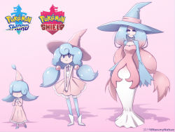 Rule 34 | 3girls, artist request, blue hair, blush, boots, creatures (company), dress, evolutionary line, game freak, gen 8 pokemon, grey eyes, hair over eyes, hat, hatenna, hatterene, hattrem, highres, humanization, logo, long hair, long sleeves, multicolored hair, multiple girls, nintendo, personification, pink hair, pokemon, shrug (clothing), skirt, twintails, two-tone hair, wide sleeves, witch hat