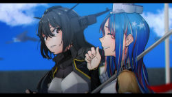 Rule 34 | 2girls, absurdres, black gloves, black hair, blue hair, blue sky, blurry, brown eyes, brown jacket, closed eyes, cloud, commentary request, depth of field, gloves, hato kan, headgear, highres, huge filesize, jacket, kantai collection, letterboxed, long hair, multicolored hair, multiple girls, nagato (kancolle), parted lips, pole, red hair, sky, smile, south dakota (kancolle), star (symbol), upper body, white hair