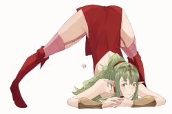 Rule 34 | 1girl, armpit crease, bare shoulders, blush, boots, bracer, commentary, dress, fire emblem, fold-over boots, full body, garter straps, gloves, green eyes, green hair, hair ribbon, highres, jack-o&#039; challenge, jewelry, light green hair, long hair, looking at viewer, meme, nintendo, pink thighhighs, pointy ears, ponytail, red dress, red footwear, ribbon, sakuremi, short dress, side slit, sidelocks, signature, simple background, smile, solo, spread legs, strapless, strapless dress, thigh boots, thighhighs, thighs, tiki (adult) (fire emblem), tiki (fire emblem), top-down bottom-up