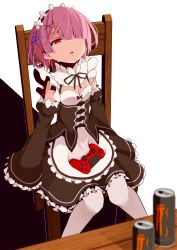 Rule 34 | 1girl, artist request, breasts, chair, cleavage, controller, empty eyes, game controller, hair ornament, highres, maid, monster energy, pantyhose, pink hair, ram (re:zero), re:zero kara hajimeru isekai seikatsu, red eyes, roswaal mansion maid uniform, sitting, small breasts, solo, yasehattagi