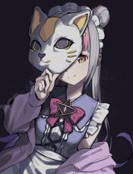Rule 34 | 1girl, absurdres, bow, bowtie, brown eyes, closed mouth, commentary, double bun, fox mask, hair bun, hair ornament, hand up, highres, holding, holding mask, hololive, jacket, long hair, long sleeves, looking at viewer, maid headdress, mask, multicolored hair, murasaki shion, murasaki shion (magical girl maid), off shoulder, pink bow, pink bowtie, pink hair, purple hair, purple jacket, purple shirt, shirt, silver hair, simple background, sleeveless, sleeveless shirt, smile, solo, star (symbol), star hair ornament, streaked hair, syhan, upper body, virtual youtuber