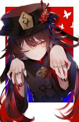Rule 34 | 1girl, black hat, black nails, border, bracelet, brown coat, brown hair, closed mouth, coat, flower, flower-shaped pupils, genshin impact, hair between eyes, hat, hat flower, hat tassel, hu tao (genshin impact), jewelry, kuci nasi, long hair, long sleeves, looking at viewer, multiple rings, one eye closed, orange eyes, outside border, ring, solo, symbol-shaped pupils, twintails, white border