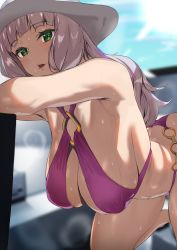 Rule 34 | 1girl, armpits, ashiomi masato, bare shoulders, blue sky, blunt bangs, breasts, butt crack, green eyes, gundam, gundam exa, hanging breasts, highres, huge breasts, leaning forward, long hair, o-ring, pink hair, sky, solo, sthesia awar nono, sweat, swimsuit, thighs, wet, white headwear