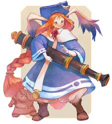 Rule 34 | 1girl, animal ears, braid, breath of fire, breath of fire iii, capelet, closed mouth, full body, glasses, gloves, gun, hair tie, head wings, holding, honey (breath of fire), long hair, momo (breath of fire), orange hair, rabbit ears, red eyes, ribbon, robe, smile, very long hair, weapon, wings, yuza