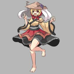 Rule 34 | 1girl, adapted costume, ajirogasa, aki minoriko, barefoot, black skirt, blonde hair, commentary, english commentary, food, fruit, full body, grapes, grey background, hat, highres, hood, japanese clothes, kimono, looking at viewer, open mouth, praeto, red eyes, red skirt, short hair, simple background, skirt, smile, solo, standing, standing on one leg, touhou, yellow kimono