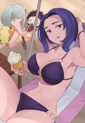 Rule 34 | 1boy, 2girls, absurdres, arm behind head, beach, beach chair, bikini, boku no hero academia, bracelet, breasts, cleavage, eri (boku no hero academia), floral print, food, food on body, food on breasts, grey hair, highres, holding, holding food, holding ice cream, horns, ice cream, jewelry, koyap, lady nagant, large breasts, long hair, looking at another, looking at viewer, lying, mask, mouth mask, multicolored hair, multiple girls, navel, o-ring, o-ring bikini, on back, one-piece swimsuit, overhaul (boku no hero academia), parted bangs, pink hair, ponytail, purple bikini, purple eyes, purple hair, sand, short hair, single horn, solo focus, squatting, stomach, swimsuit, thighs, tongue, tongue out, two-tone hair, yellow one-piece swimsuit