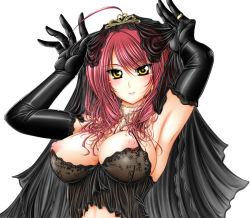 Rule 34 | 1girl, alternate color, armpits, blush, breasts, bridal veil, cleavage, covered erect nipples, dress, formal, gloves, jewelry, large breasts, long hair, nipple slip, nipples, otone, otone (artist), red hair, see-through, smile, solo, underwear, veil, wedding dress