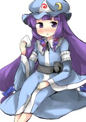 Rule 34 | 1girl, blue ribbon, blush, bow, cosplay, crescent, dress, food, gaoo (frpjx283), hair bow, hat, highres, long hair, looking at viewer, mob cap, onigiri, open mouth, patchouli knowledge, purple eyes, purple hair, red ribbon, ribbon, saigyouji yuyuko, saigyouji yuyuko (cosplay), sash, sitting, solo, touhou, triangular headpiece