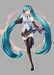 Rule 34 | 1girl, ;d, absurdres, aqua eyes, aqua hair, bare shoulders, blush, commentary, detached sleeves, english commentary, full body, graphic equalizer, grey background, hair ornament, hand up, hatsune miku, headset, highres, leg up, light blush, long hair, looking at viewer, nail polish, necktie, one eye closed, open mouth, skirt, smile, solo, standing, thighhighs, twintails, very long hair, vocaloid, waving, yen mi1, zettai ryouiki
