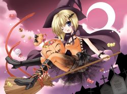 Rule 34 | 1girl, blonde hair, blue eyes, boots, bow, bracelet, broom, broom riding, candy, candy cane, cape, checkerboard cookie, cloud, cookie, flying, food, graveyard, hair ornament, halloween, hat, high heel boots, high heels, highres, holding food, holding pumpkin, holding vegetable, jack-o&#039;-lantern, jewelry, knee boots, lollipop, looking at viewer, minase lin, moon, night, one eye closed, orange thighhighs, pumpkin, ribbon, see-through, short hair, sidesaddle, skirt, solo, swirl lollipop, thighhighs, vegetable, wink, witch, witch hat
