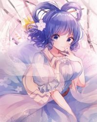 1girl, bangs, blue dress, blue eyes, blue hair, blush, breasts, closed mouth, dress, drill hair, drill locks, eyebrows visible through hair, flower, flower request, hagoromo, hair flower, hair ornament, hair rings, hair stick, hand up, highres, kaku seiga, large breasts, looking at viewer, moshihimechan, pink flower, puffy short sleeves, puffy sleeves, shawl, short sleeves, simple background, smile, solo, touhou, twin drills, vest, white vest