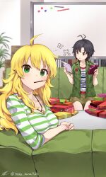 Rule 34 | 2girls, ahoge, antenna hair, black eyes, blonde hair, blush, box, breasts, commentary request, couch, cowboy shot, eyelashes, food, food in mouth, gift, gift box, green eyes, green jacket, hair between eyes, highres, holding, holding gift, holding paper, hoshii miki, idolmaster, idolmaster (classic), idolmaster million live!, idolmaster million live! theater days, indoors, jacket, jewelry, kikuchi makoto, large breasts, long hair, looking at viewer, multiple girls, necklace, on couch, open clothes, open jacket, paper, pocky, pocky in mouth, shirt, short hair, short sleeves, shorts, sidelocks, signature, sitting, striped clothes, striped shirt, taka.yana, twitter username, upper body