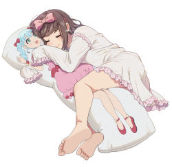 Rule 34 | 1girl, artist name, barefoot, blue hair, blush, bow, brown hair, closed eyes, dakimakura (object), drill hair, feet, frills, hair bow, lying, mattaku mousuke, nightgown, hugging object, on side, original, pillow, pillow hug, simple background, sleeping, sleeves past fingers, sleeves past wrists, smile, soles, toes, watermark, wavy mouth, white background