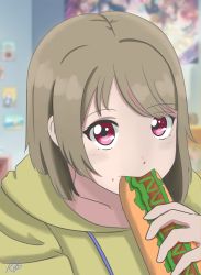 Rule 34 | 1girl, absurdres, artist name, artist request, blush, breasts, brown hair, close-up, collarbone, drawstring, eating, female focus, food, grey hair, hair ornament, hairclip, highres, holding, holding food, hood, hoodie, hot dog, indoors, jacket, light brown hair, looking at viewer, love live!, love live! nijigasaki high school idol club, love live! school idol festival, nakasu kasumi, parted lips, pink eyes, pink wristband, poster (object), purple eyes, room, short hair, short sleeves, smile, solo, triangle hair ornament, upper body, yellow hoodie, yellow jacket