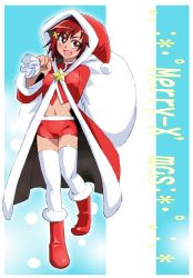 Rule 34 | 1girl, blush, breasts, christmas, graphite (medium), hair ornament, hat, hino akane (smile precure!), looking at viewer, millipen (medium), navel, onnaski, open mouth, precure, red eyes, red hair, sack, santa costume, santa hat, short hair, shorts, smile, smile precure!, solo, thighhighs, traditional media