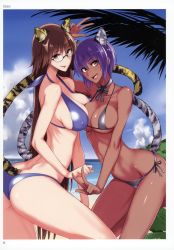 Rule 34 | 2girls, absurdres, animal ears, artist name, ass, bare shoulders, bikini, breasts, brown eyes, brown hair, cat ears, cat tail, choker, cleavage, cloud, cloudy sky, collarbone, covered erect nipples, dark-skinned female, dark skin, day, glasses, highres, isao, large breasts, long hair, looking at viewer, multiple girls, ocean, open mouth, outdoors, page number, purple hair, scan, short hair, side-tie bikini bottom, sky, smile, swimsuit, tail, tiger ears, tiger tail, toranoana, water