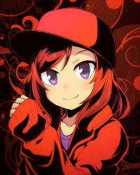Rule 34 | 10s, 1girl, baseball cap, blush, closed mouth, collarbone, contemporary, eyelashes, hand up, hat, long sleeves, looking at viewer, love live!, love live! school idol project, nishikino maki, purple eyes, red hair, red theme, short hair, sleeves past wrists, smile, solo, tanashi (mk2), upper body