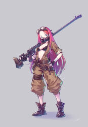 Rule 34 | 1girl, anti-materiel rifle, bandaged arm, bandages, belt, black gloves, blue eyes, bolt action, boots, breasts, fingerless gloves, full body, gas mask, gloves, gogatsu no renkyuu, goggles, goggles on head, grey background, gun, hand on own hip, highres, holding, holding gun, holding weapon, long hair, looking at viewer, mask, medium breasts, navel, original, pink hair, ptrd-41, rifle, simple background, sniper rifle, solo, standing, weapon